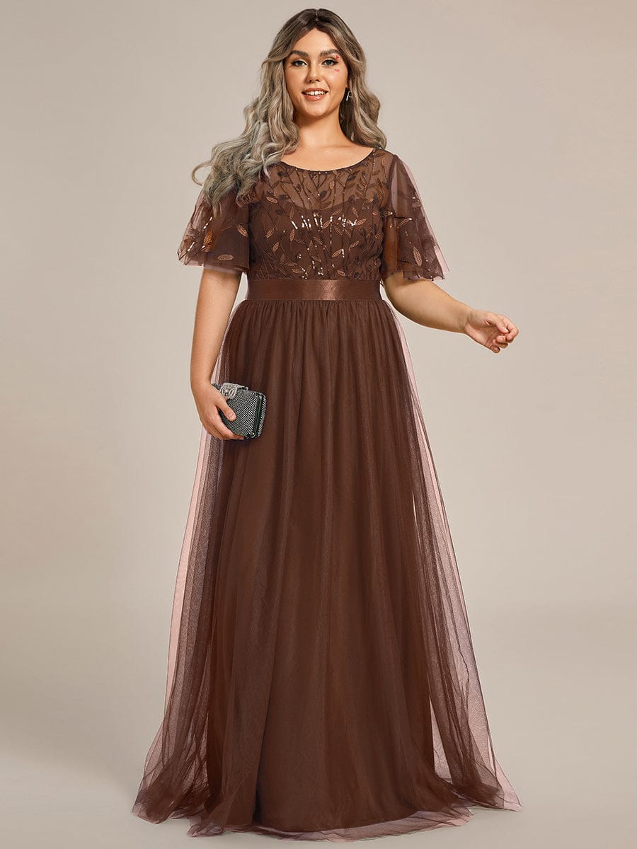 Women's A-Line Short Sleeve Embroidery Floor Length Dresses In Pink #color_Brown