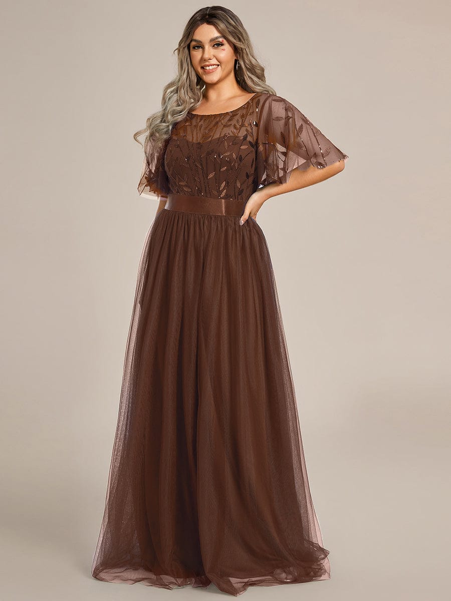 Women's A-Line Short Sleeve Embroidery Floor Length Wedding Guest Dresses #color_Brown