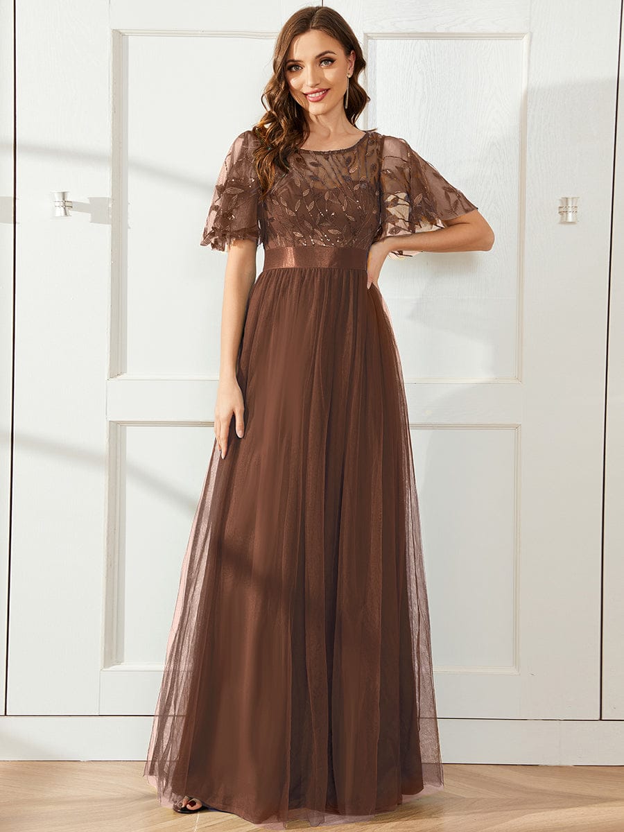 Women's A-Line Short Sleeve Embroidery Floor Length Dresses In Pink #color_Brown