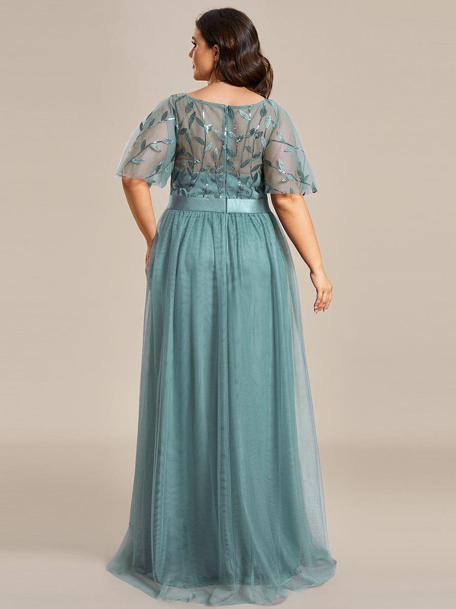 Women's A-Line Short Sleeve Embroidery Floor Length Wedding Guest Dresses #color_Light Teal