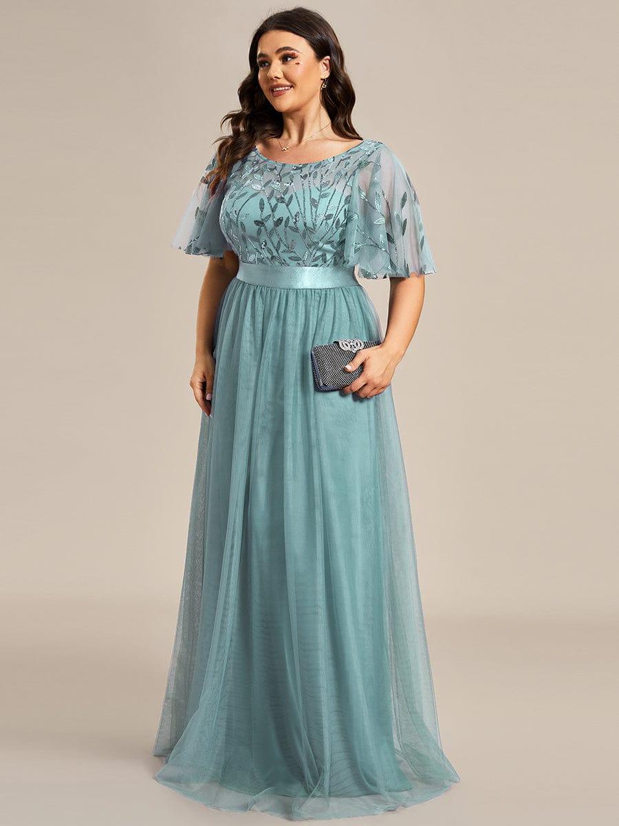 Women's A-Line Short Sleeve Embroidery Floor Length Wedding Guest Dresses #color_Light Teal