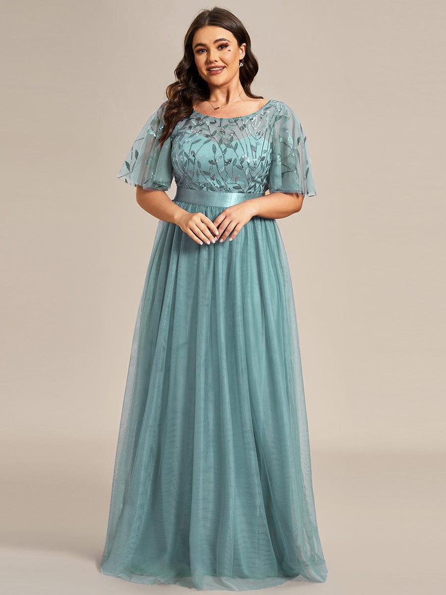 Women's A-Line Short Sleeve Embroidery Floor Length Wedding Guest Dresses #color_Light Teal