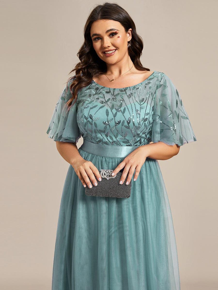 Women's A-Line Short Sleeve Embroidery Floor Length Wedding Guest Dresses #color_Light Teal