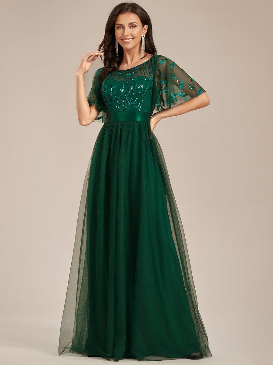 Women's A-Line Short Sleeve Embroidery Floor Length Evening Dresses #color_Dark Green