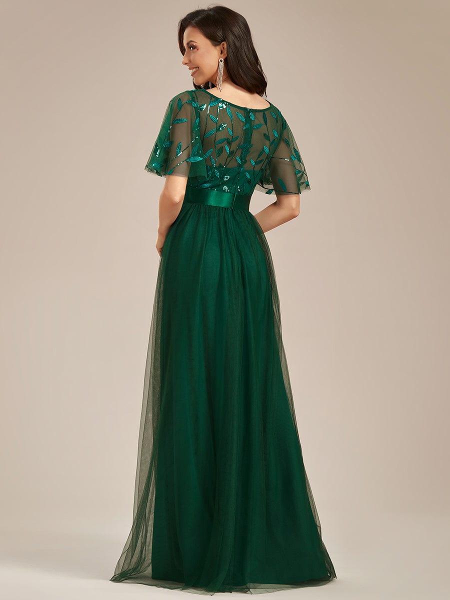 Women's A-Line Short Sleeve Embroidery Floor Length Evening Dresses #color_Dark Green