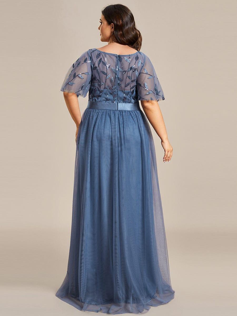 Women's A-Line Short Sleeve Embroidery Floor Length Wedding Guest Dresses #color_Dusty Blue