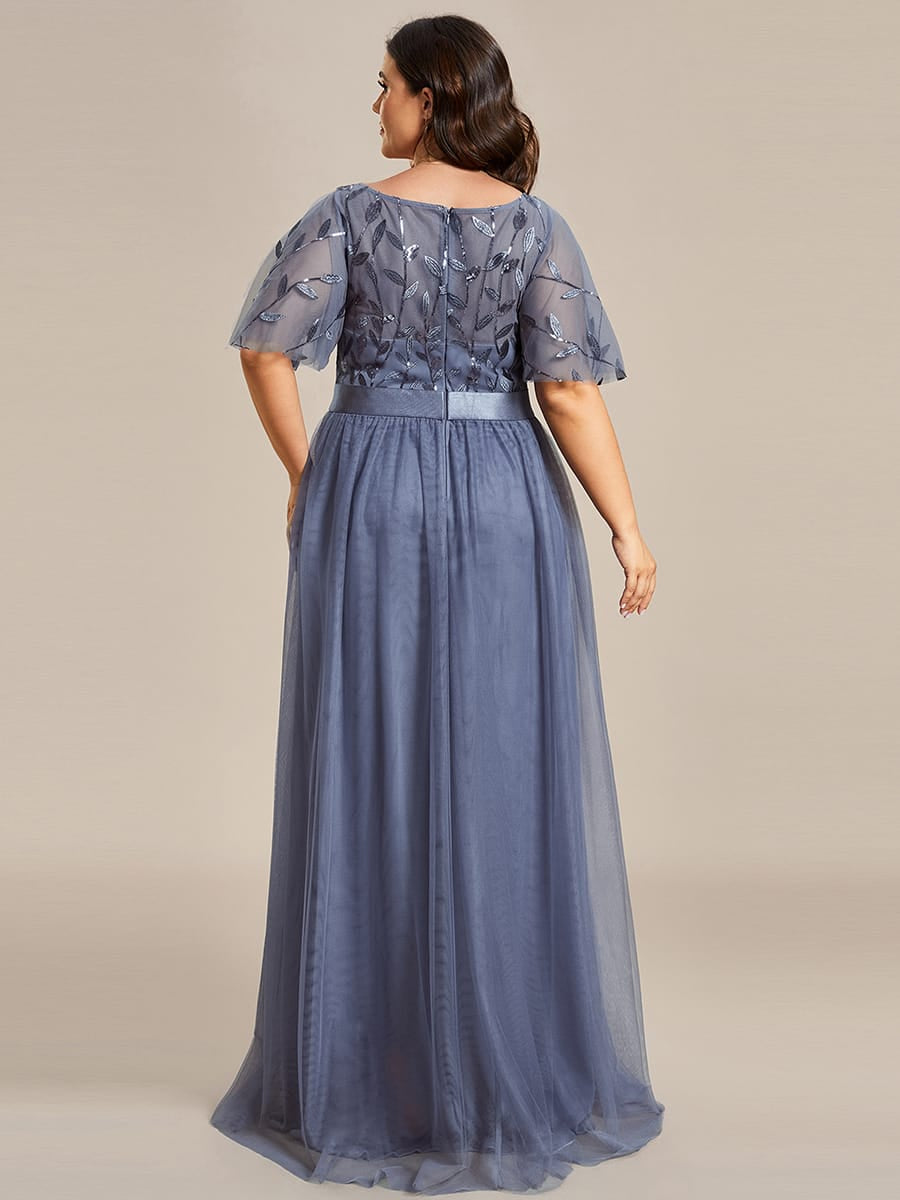 Women's A-Line Short Sleeve Embroidery Floor Length Evening Dresses #color_Dusty Blue