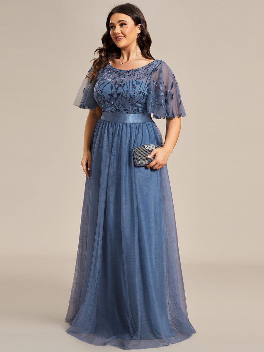 Women's A-Line Short Sleeve Embroidery Floor Length Wedding Guest Dresses #color_Dusty Blue
