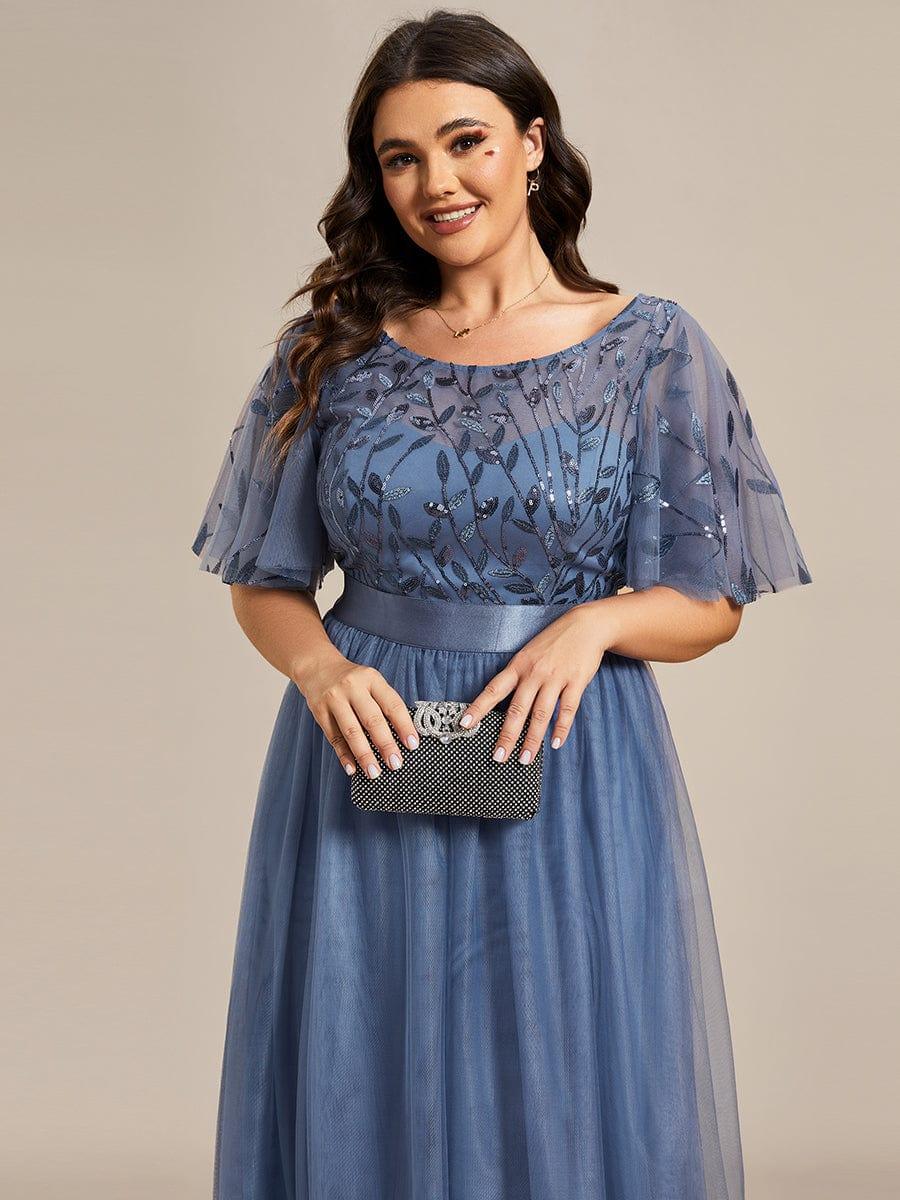 Women's A-Line Short Sleeve Embroidery Floor Length Wedding Guest Dresses #color_Dusty Blue