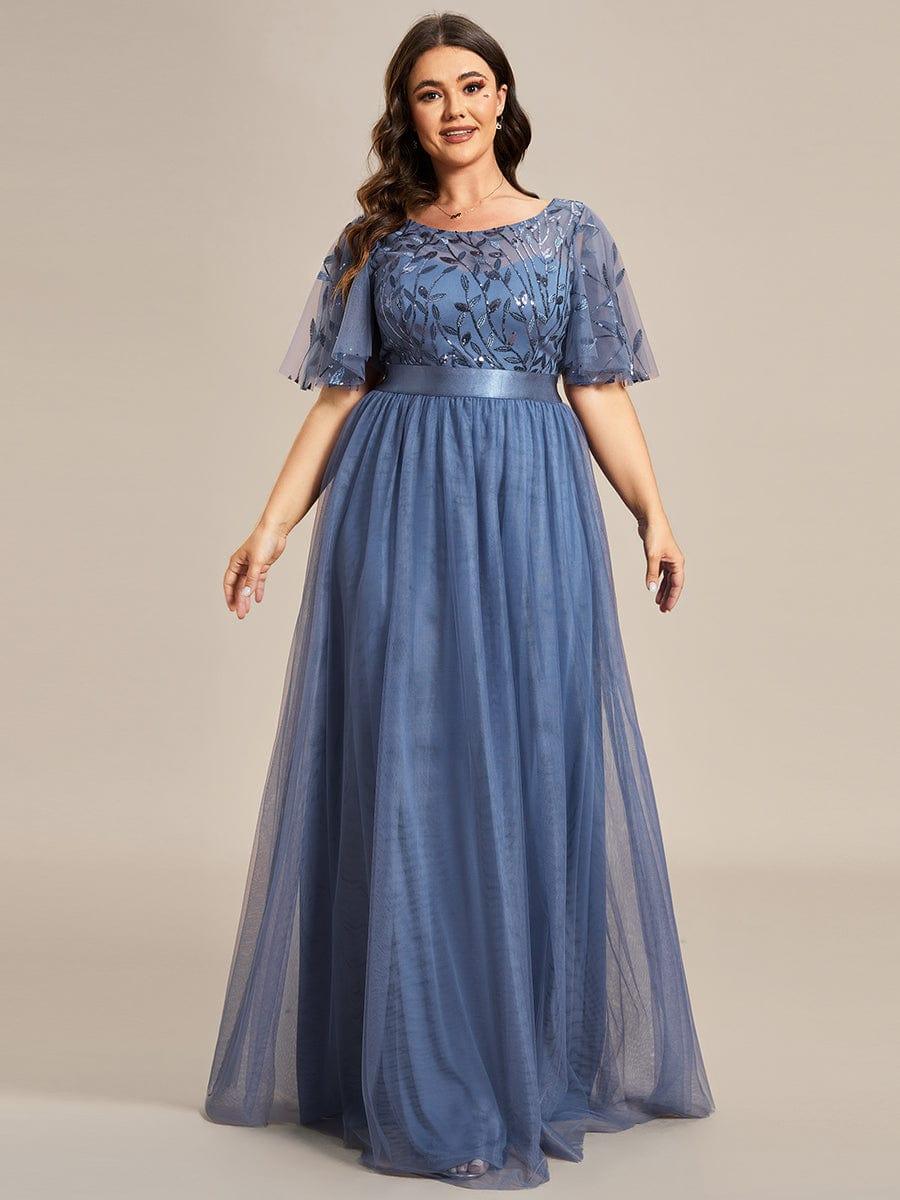 Women's A-Line Short Sleeve Embroidery Floor Length Wedding Guest Dresses #color_Dusty Blue