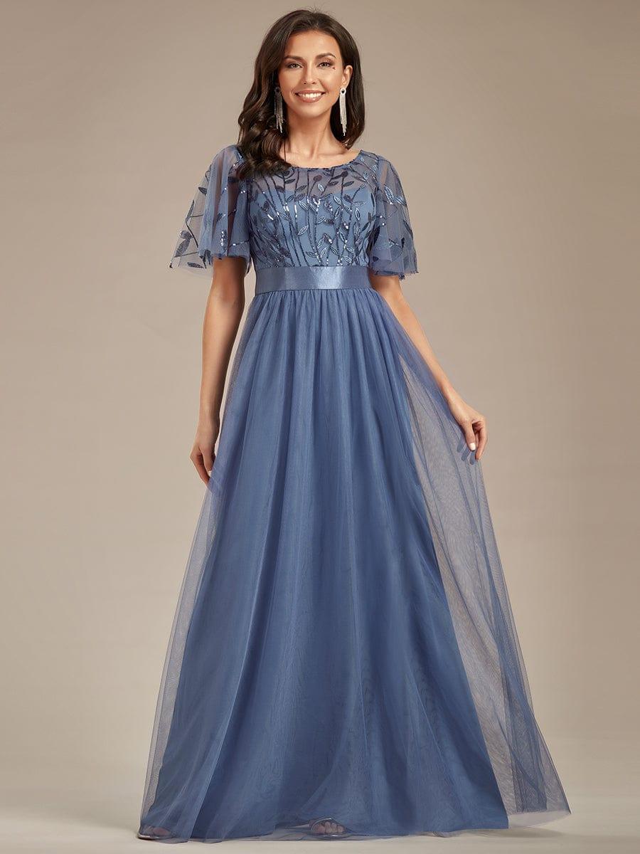 Women's A-Line Short Sleeve Embroidery Floor Length Wedding Guest Dresses #color_Dusty Blue