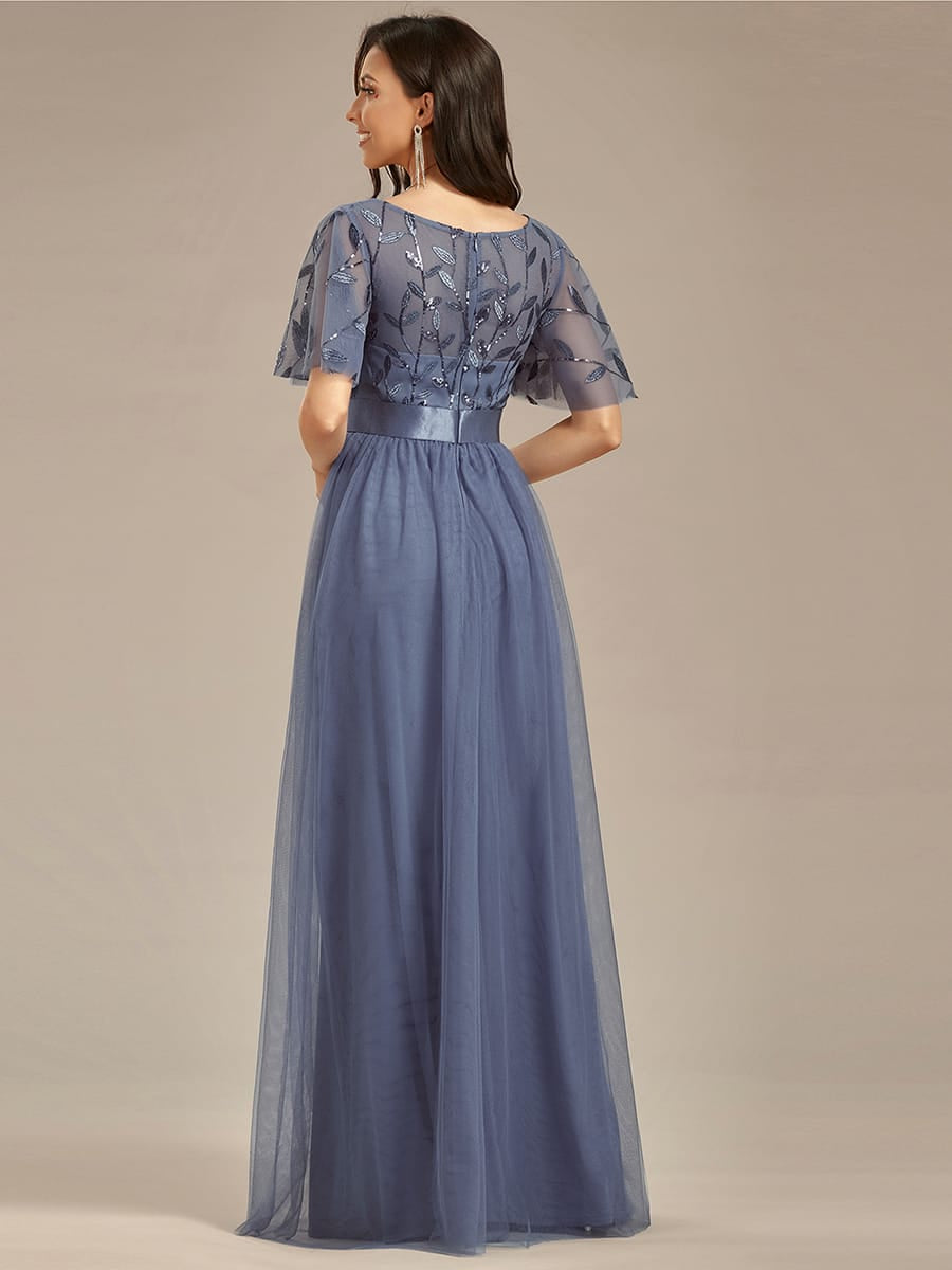 Women's A-Line Short Sleeve Embroidery Floor Length Evening Dresses #color_Dusty Blue