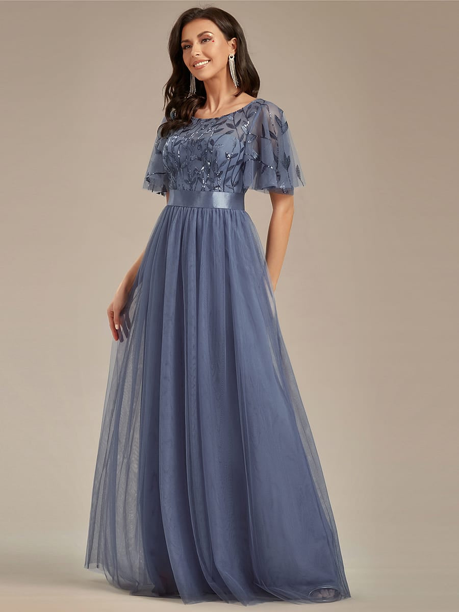 Women's A-Line Short Sleeve Embroidery Floor Length Evening Dresses #color_Dusty Blue
