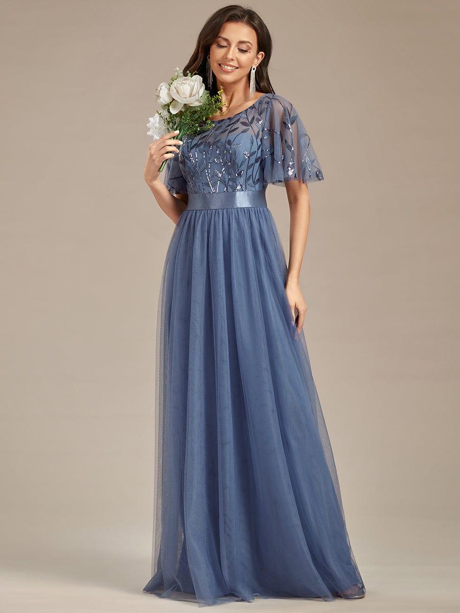 Women's A-Line Short Sleeve Embroidery Floor Length Wedding Guest Dresses #color_Dusty Blue