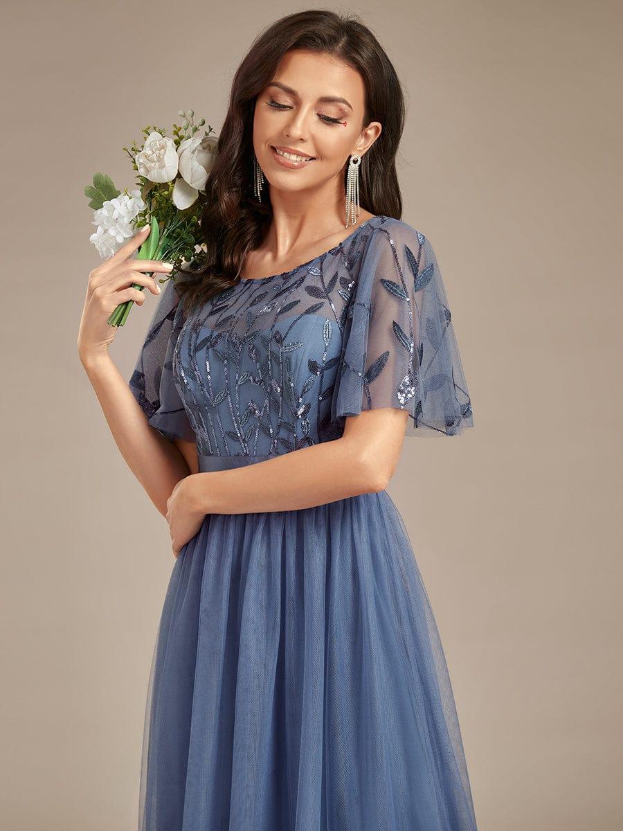 Women's A-Line Short Sleeve Embroidery Floor Length Wedding Guest Dresses #color_Dusty Blue