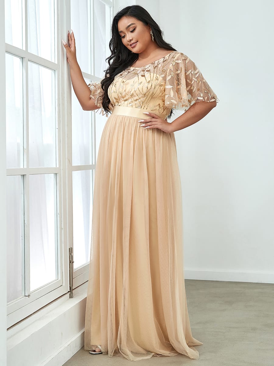 Women's A-Line Short Sleeve Embroidery Floor Length Evening Dresses #color_Gold