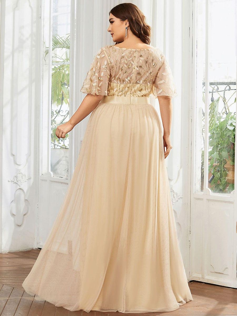 Women's A-Line Short Sleeve Embroidery Floor Length Wedding Guest Dresses #color_Gold