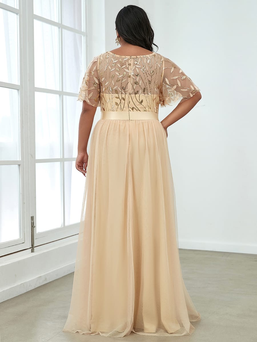 Women's A-Line Short Sleeve Embroidery Floor Length Evening Dresses #color_Gold