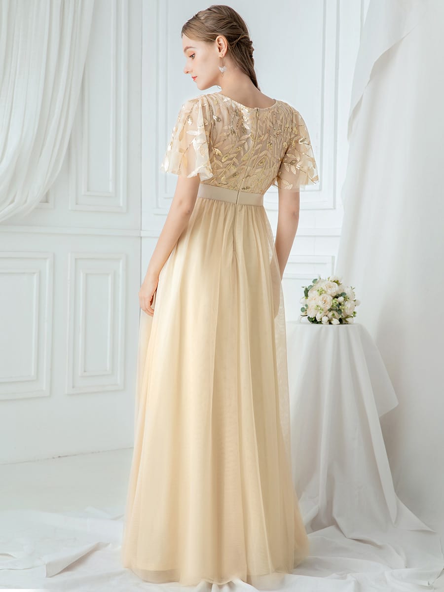 Women's A-Line Short Sleeve Embroidery Floor Length Evening Dresses #color_Gold