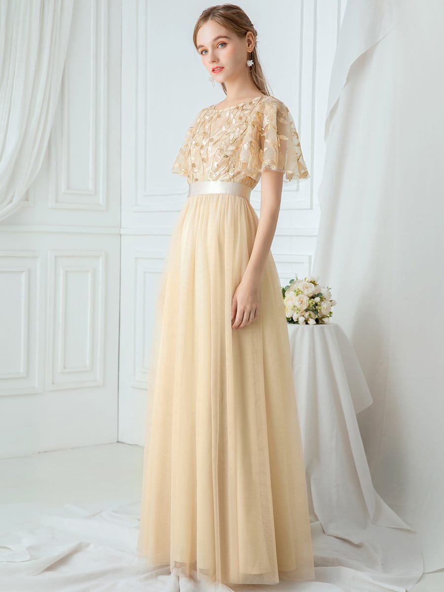 Women's A-Line Short Sleeve Embroidery Floor Length Evening Dresses #color_Gold