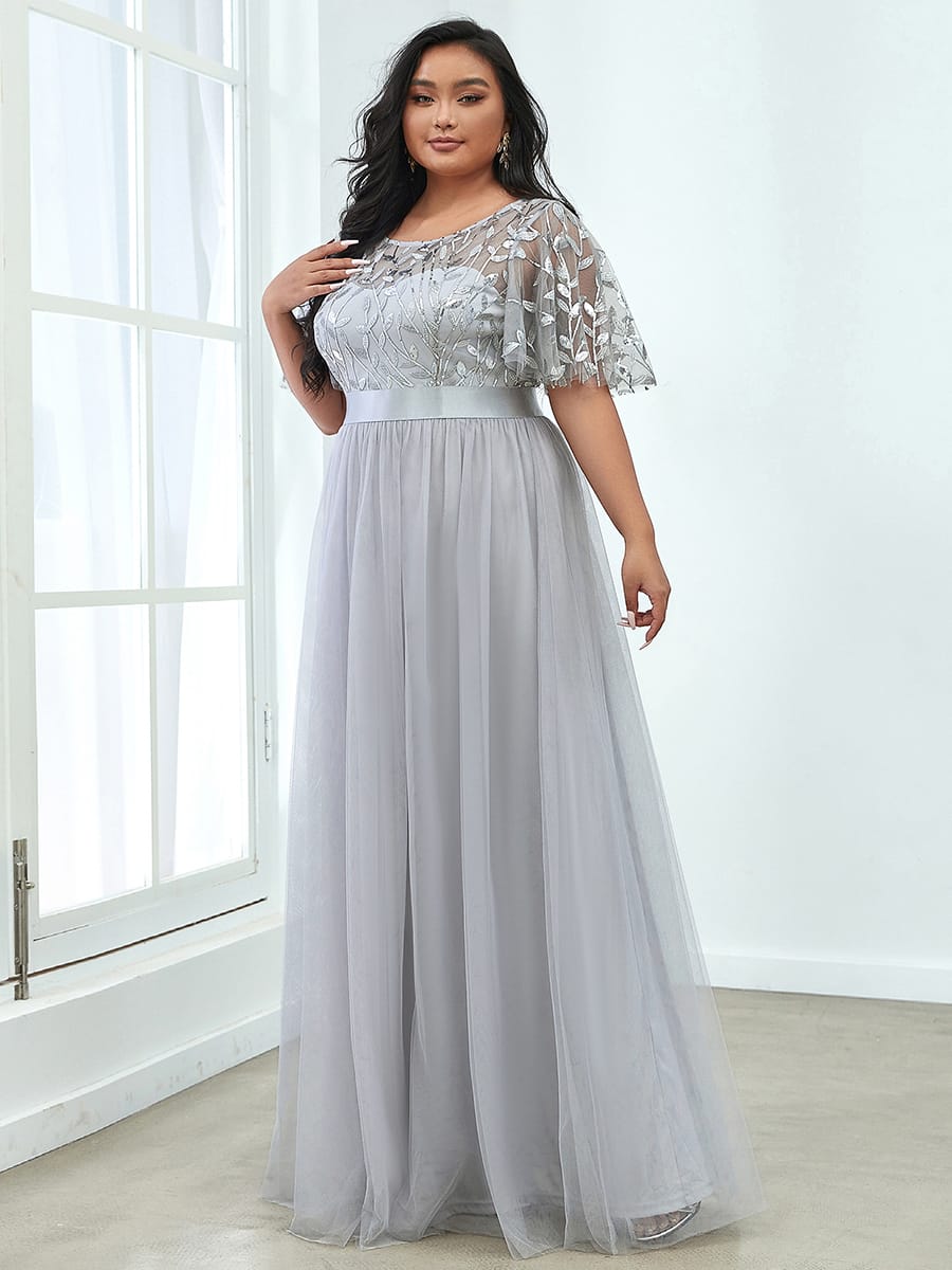 Women's A-Line Short Sleeve Embroidery Floor Length Evening Dresses #color_Grey
