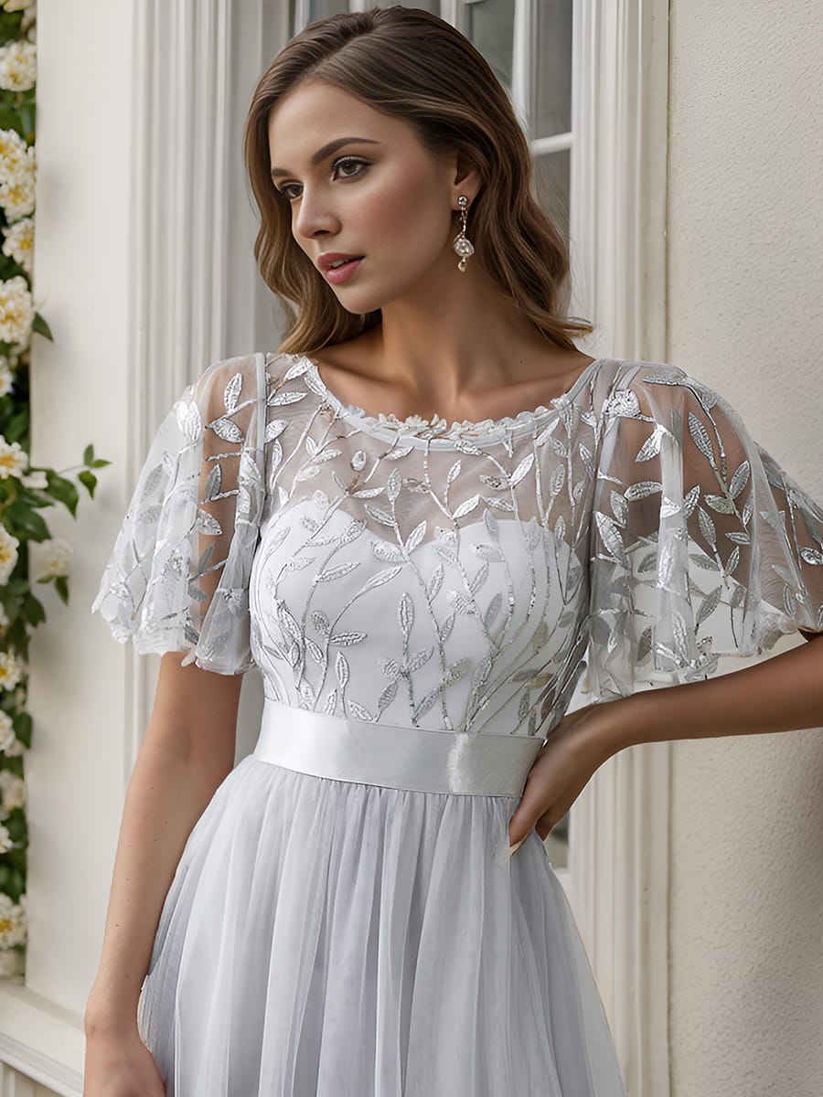 Women's A-Line Short Sleeve Embroidery Floor Length Evening Dresses #color_Grey