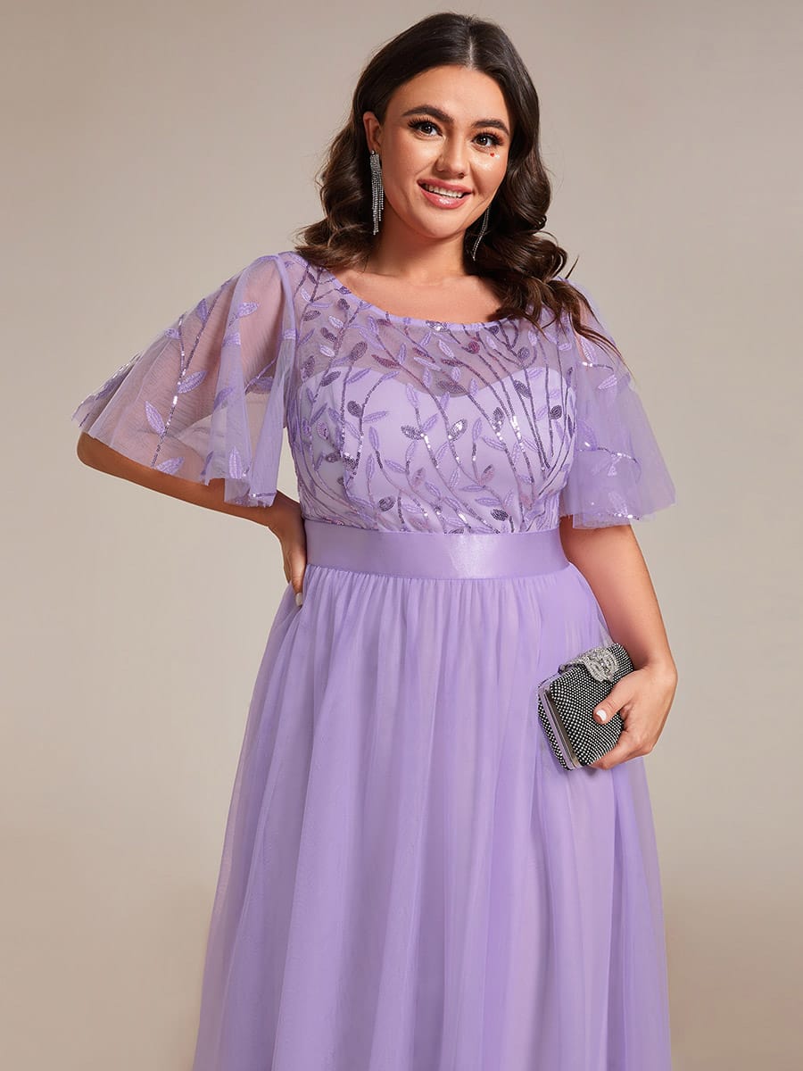 Women's A-Line Short Sleeve Embroidery Floor Length Evening Dresses #color_Lavender