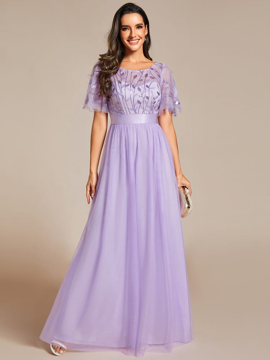 Women's A-Line Short Sleeve Embroidery Floor Length Evening Dresses #color_Lavender
