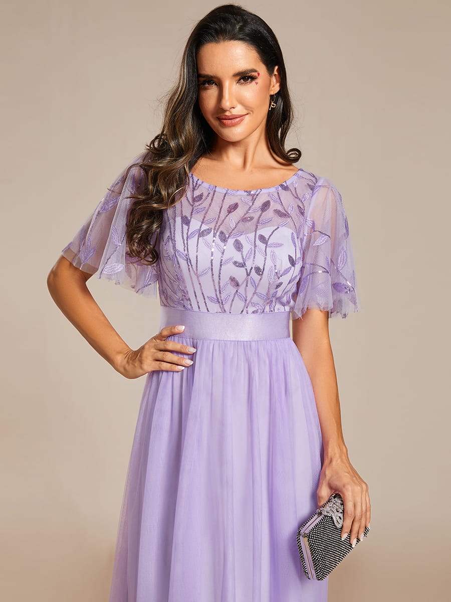Women's A-Line Short Sleeve Embroidery Floor Length Evening Dresses #color_Lavender