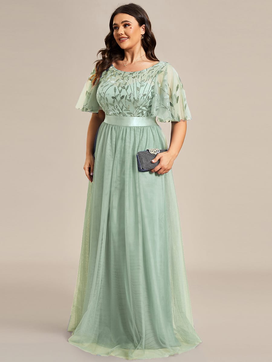Women's A-Line Short Sleeve Embroidery Floor Length Evening Dresses #color_Mint Green