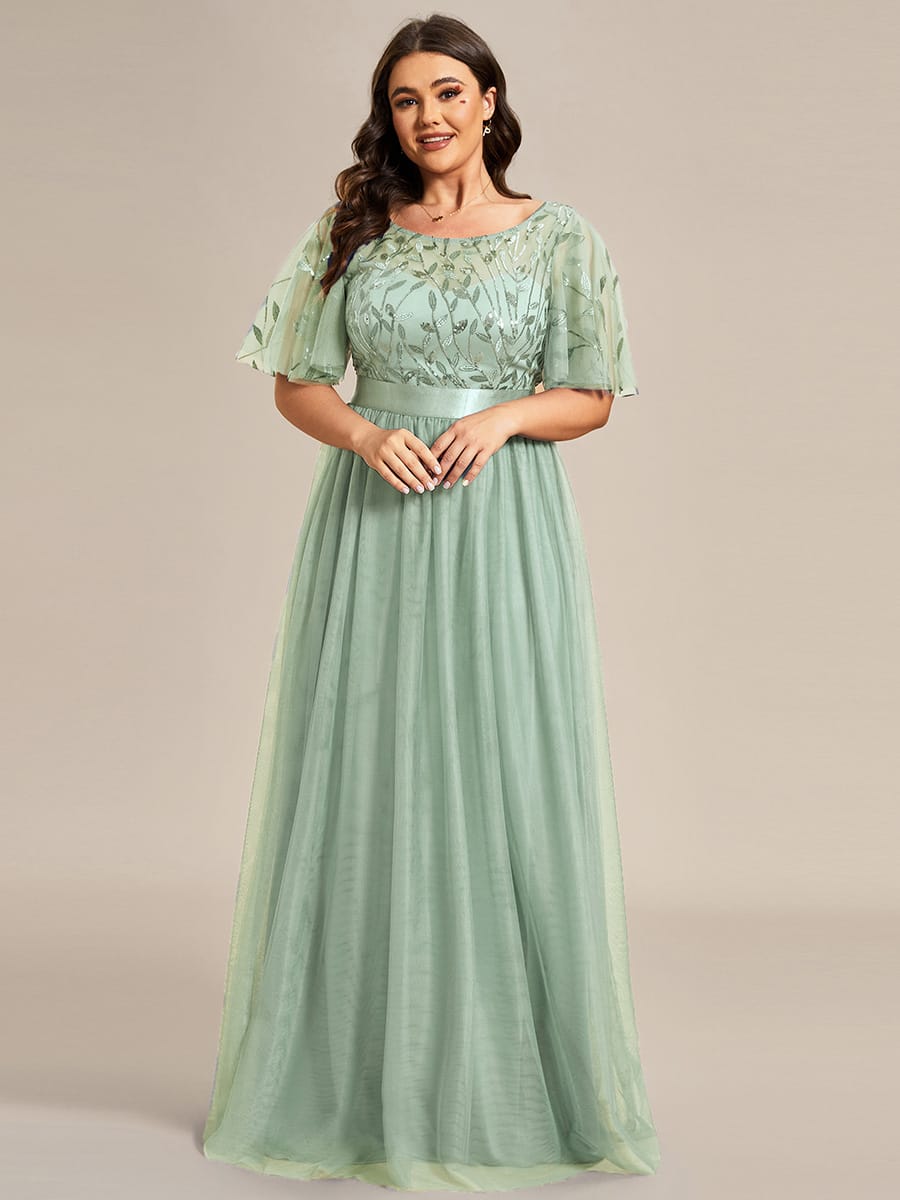 Women's A-Line Short Sleeve Embroidery Floor Length Evening Dresses #color_Mint Green