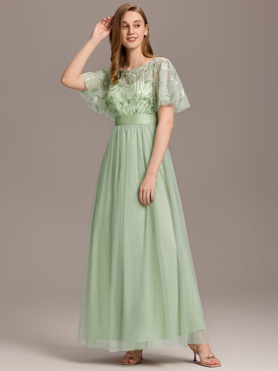 Women's A-Line Short Sleeve Embroidery Floor Length Evening Dresses #color_Mint Green