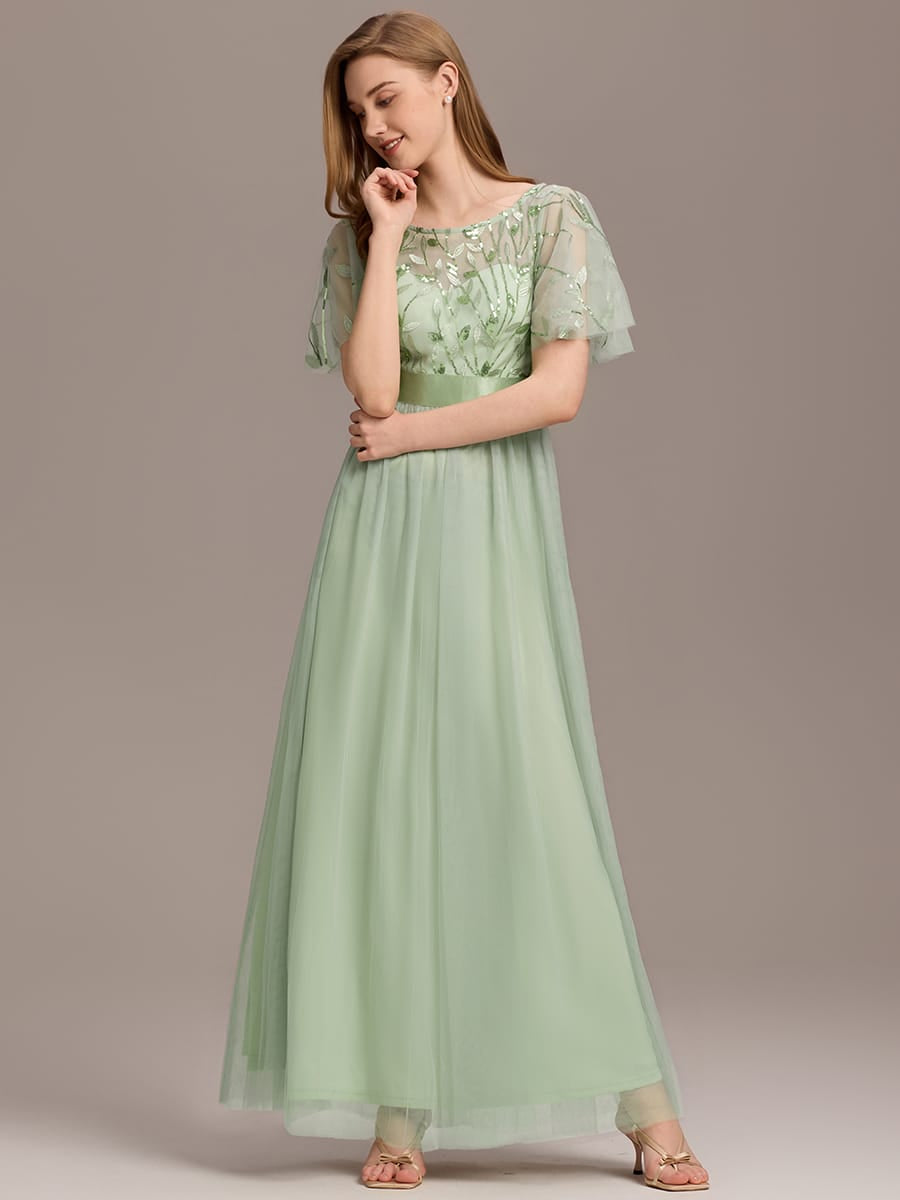 Women's A-Line Short Sleeve Embroidery Floor Length Evening Dresses #color_Mint Green