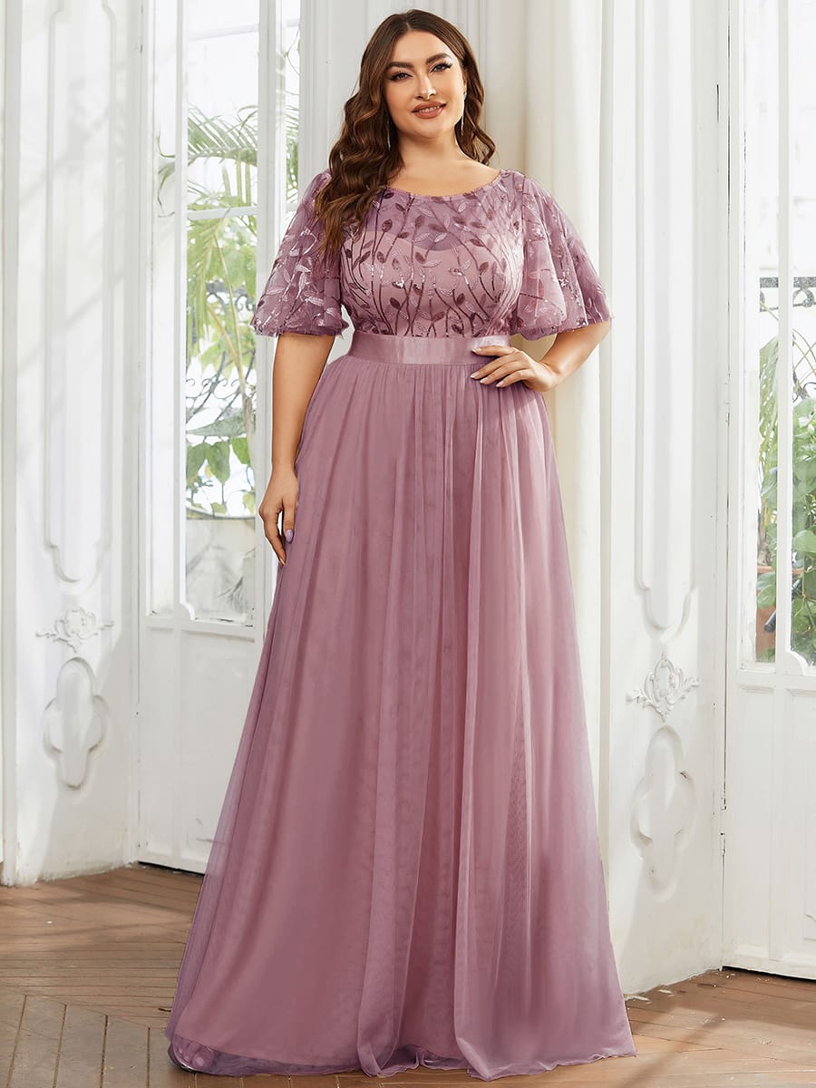 Women's A-Line Short Sleeve Embroidery Floor Length Evening Dresses #color_Purple Orchid