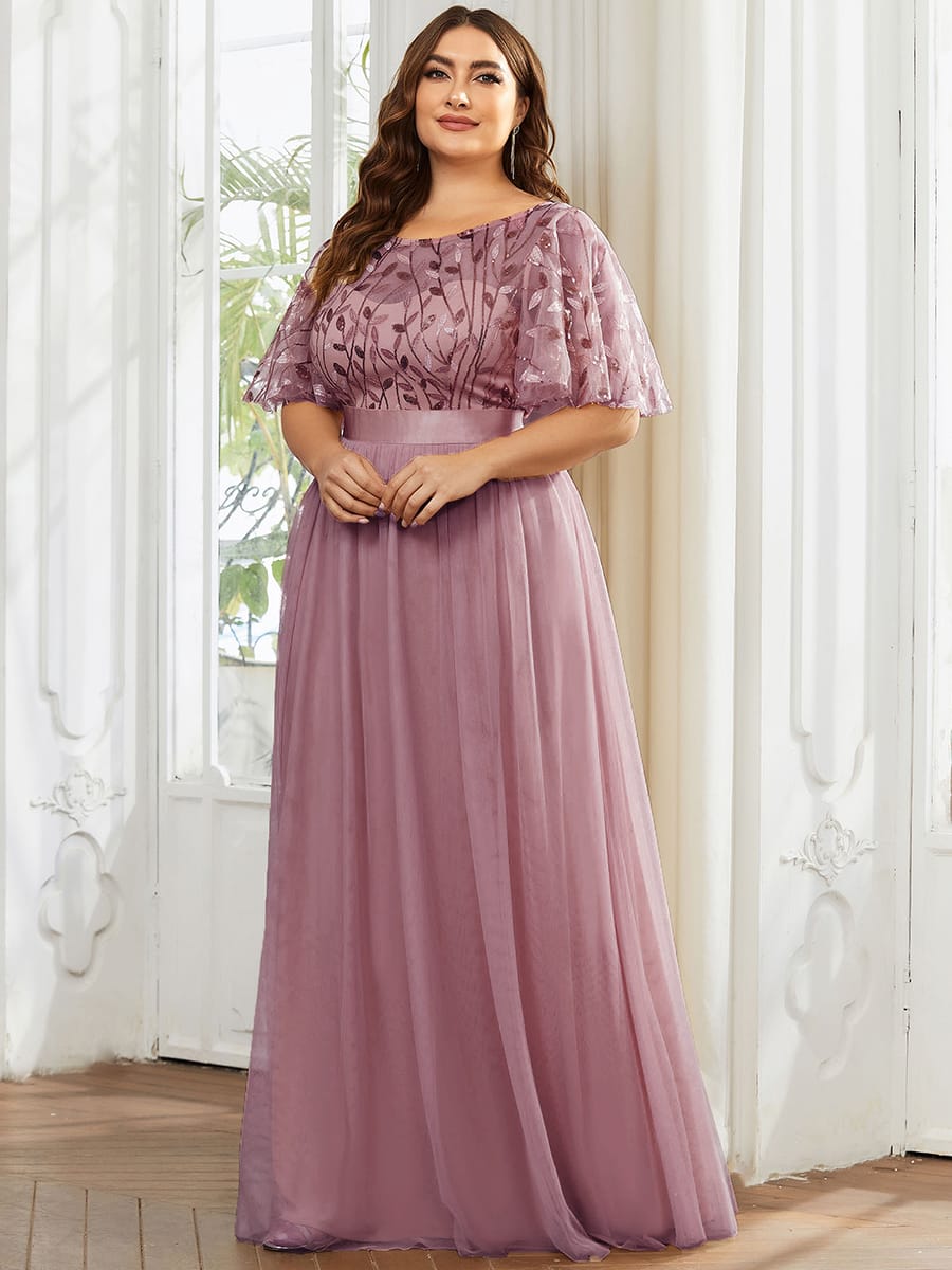 Women's A-Line Short Sleeve Embroidery Floor Length Evening Dresses #color_Purple Orchid