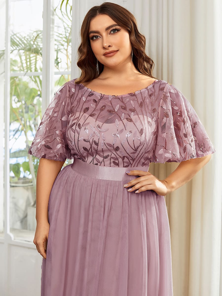 Women's A-Line Short Sleeve Embroidery Floor Length Evening Dresses #color_Purple Orchid