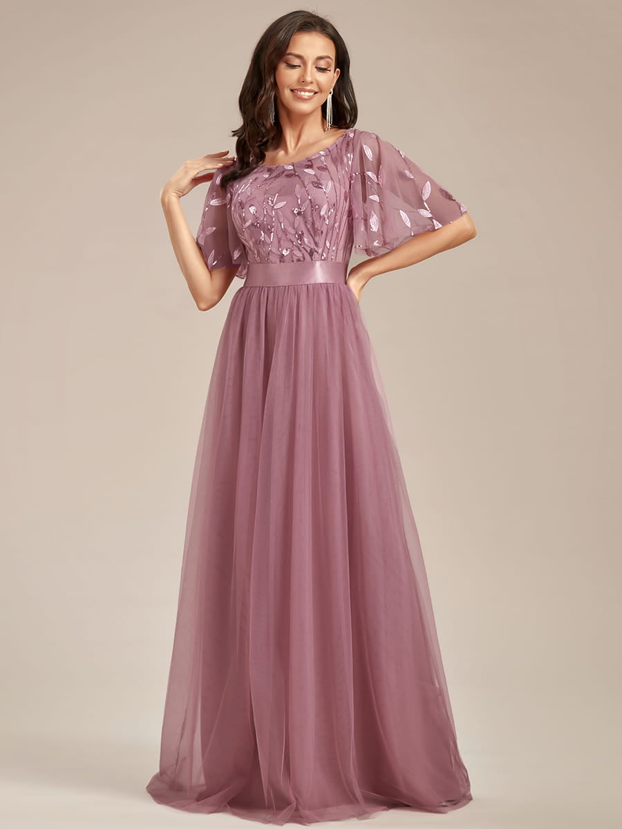 Women's A-Line Short Sleeve Embroidery Floor Length Evening Dresses #color_Purple Orchid