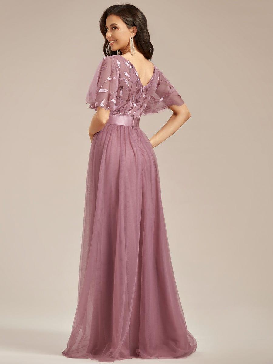 Women's A-Line Short Sleeve Embroidery Floor Length Wedding Guest Dresses #color_Purple Orchid