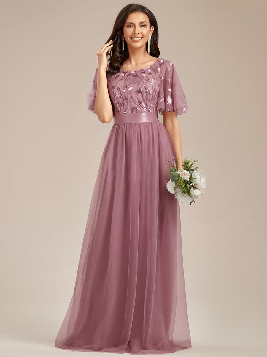 Women's A-Line Short Sleeve Embroidery Floor Length Evening Dresses #color_Purple Orchid