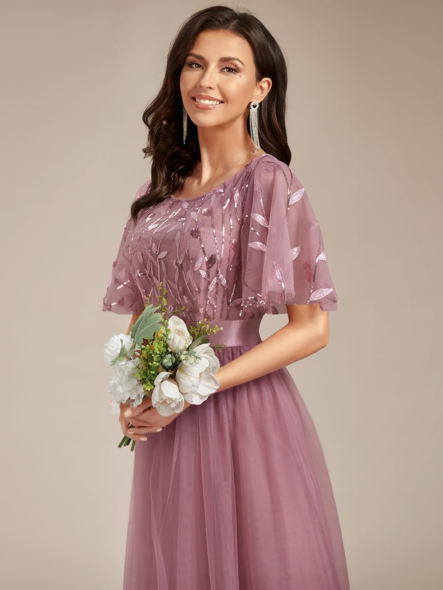 Women's A-Line Short Sleeve Embroidery Floor Length Evening Dresses #color_Purple Orchid