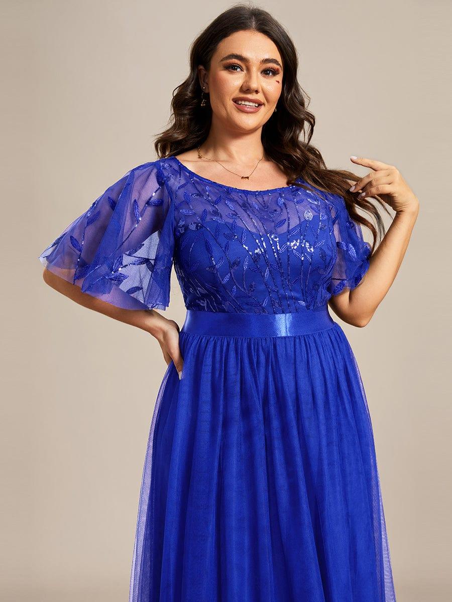Women's A-Line Short Sleeve Embroidery Floor Length Wedding Guest Dresses #color_Sapphire Blue