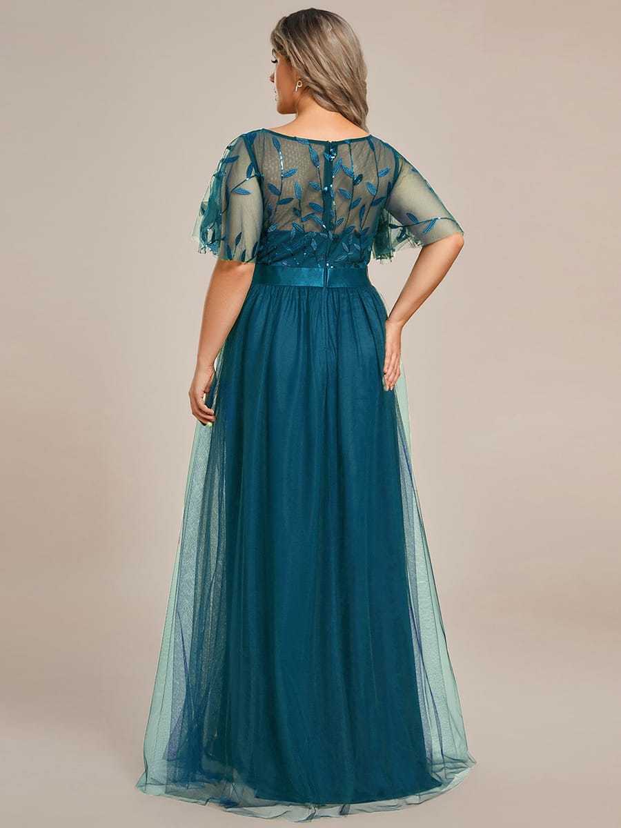 Women's A-Line Short Sleeve Embroidery Floor Length Evening Dresses #color_Teal