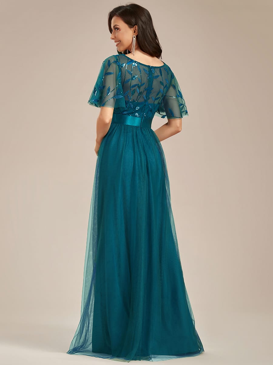 Women's A-Line Short Sleeve Embroidery Floor Length Evening Dresses #color_Teal