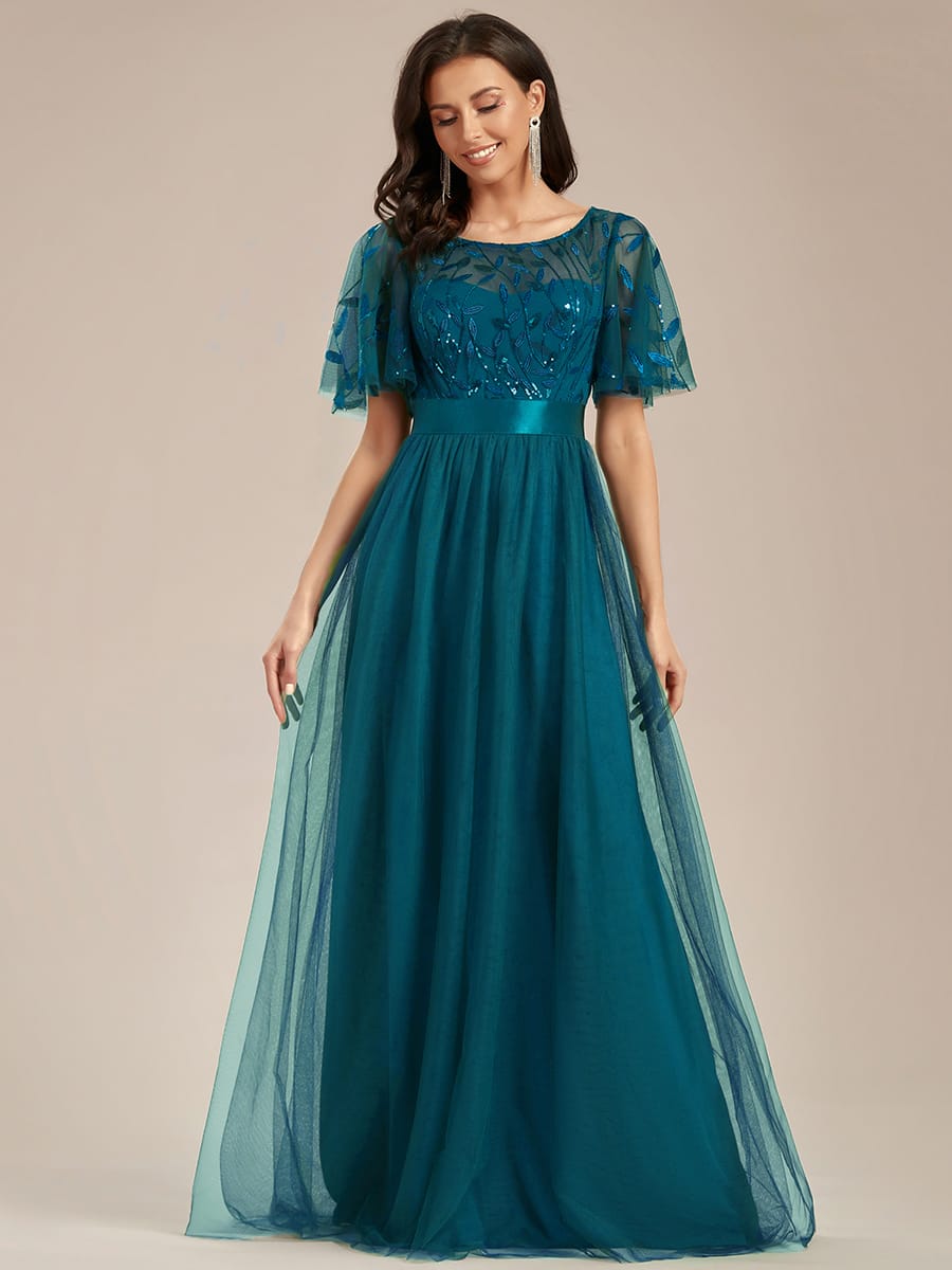 Women's A-Line Short Sleeve Embroidery Floor Length Evening Dresses #color_Teal