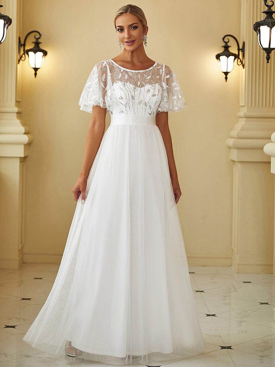 Women's A-Line Short Sleeve Embroidery Floor Length Wedding Guest Dresses #color_White