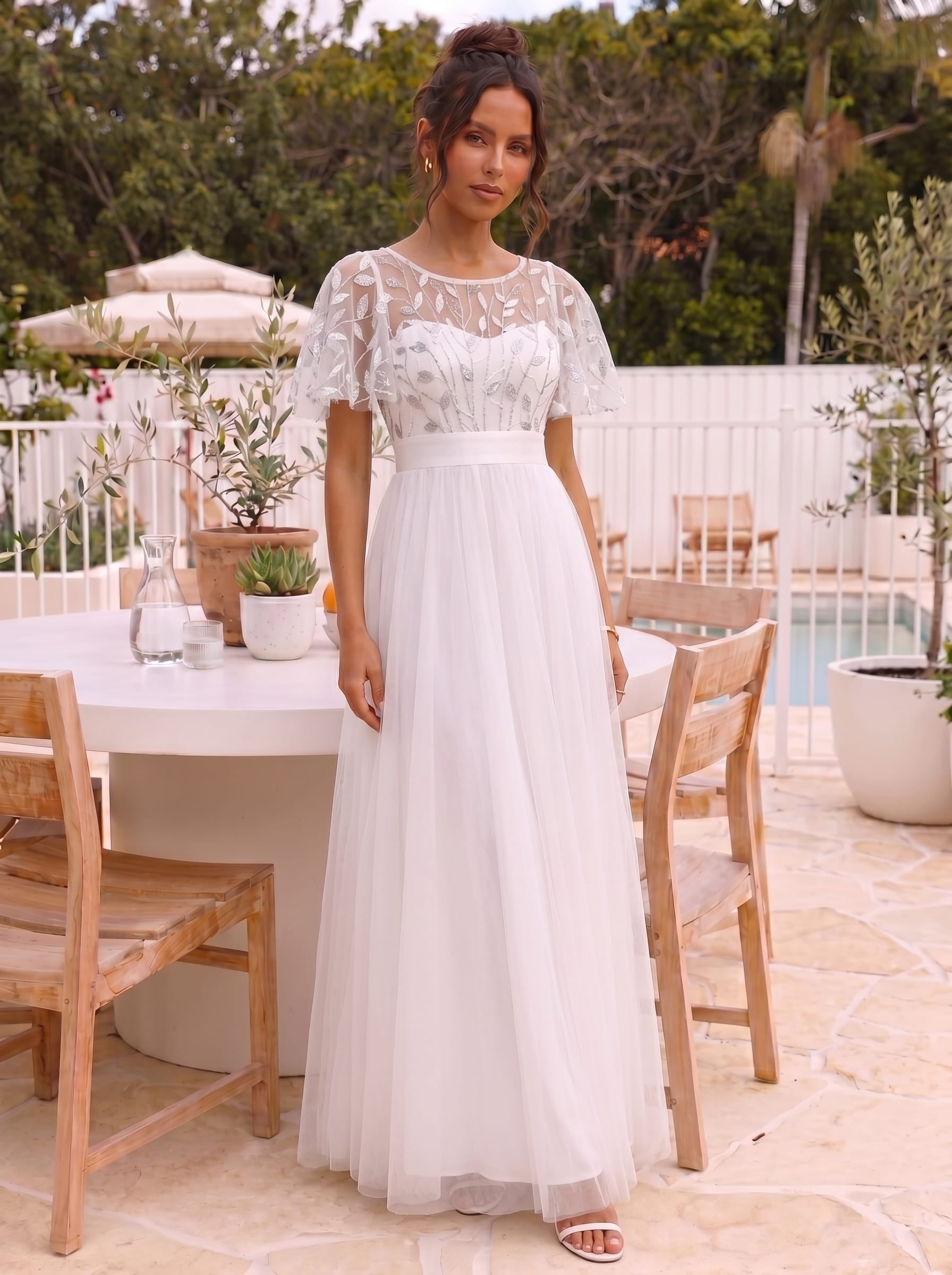 Women's A-Line Short Sleeve Embroidery Floor Length Wedding Guest Dresses #color_White