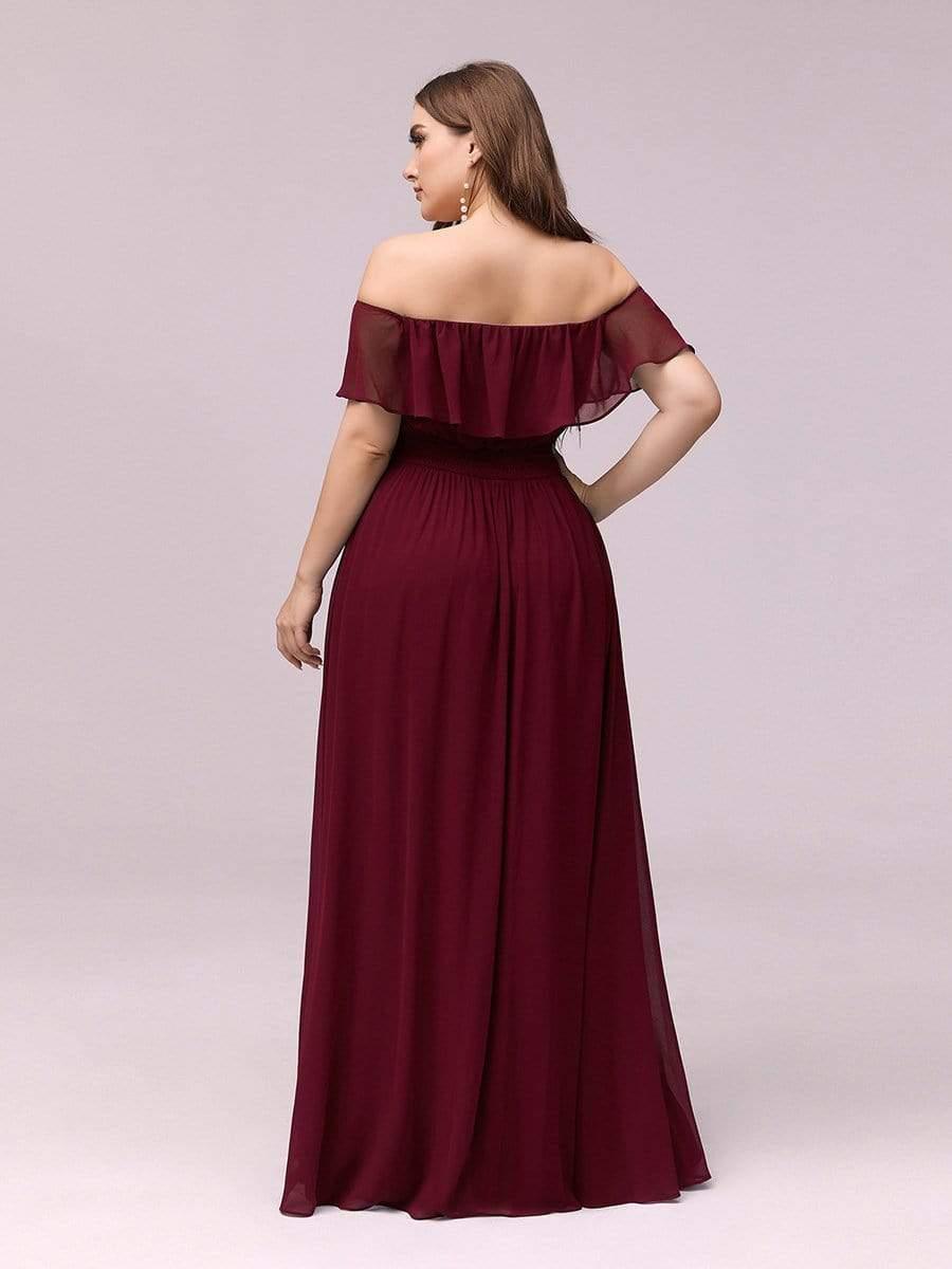 Women's Off-The-Shoulder Ruffle Thigh Split Bridesmaid Dresses #color_Burgundy