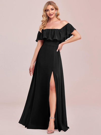 Women's Off-The-Shoulder Ruffle Thigh Split Wedding Guest Dresses #color_Black