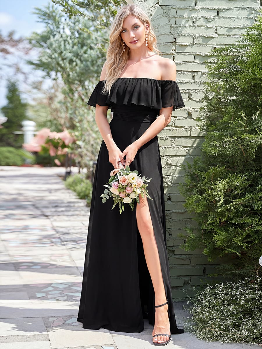 Women's Off-The-Shoulder Ruffle Thigh Split Bridesmaid Dresses #color_Black