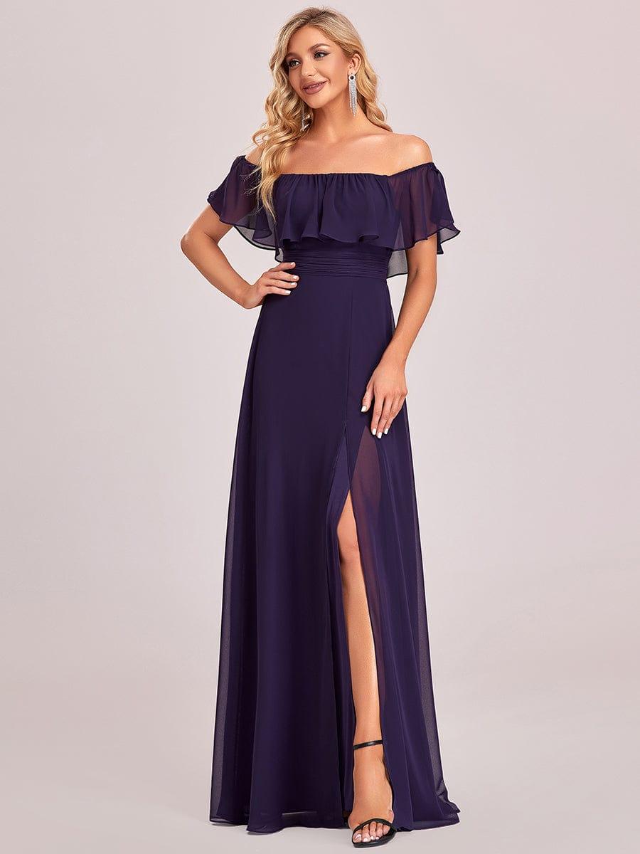 Women's Off-The-Shoulder Ruffle Thigh Split Bridesmaid Dresses #color_Dark Purple